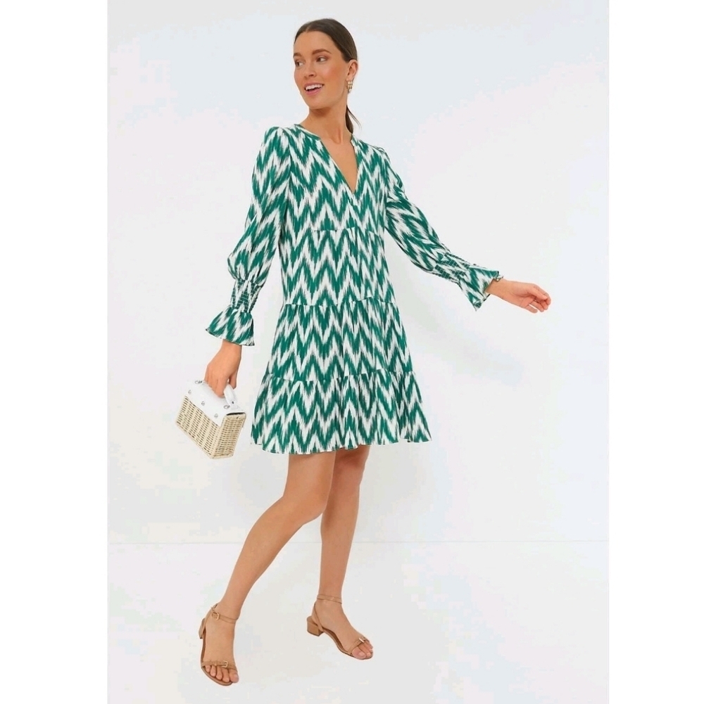 Pomander Place Green & White Chevron Mini Dress